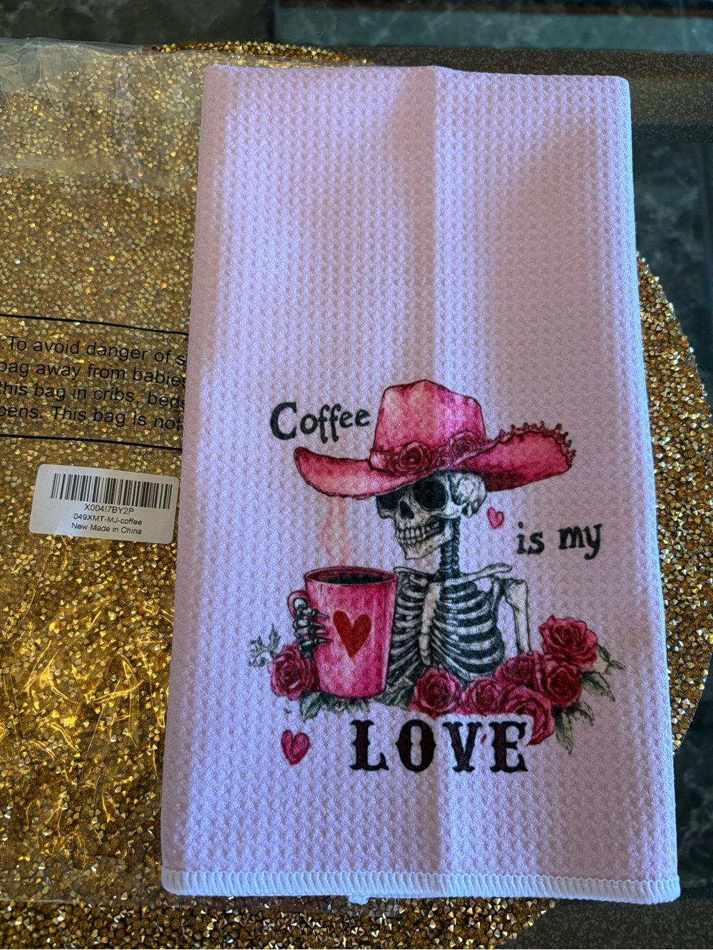 “Coffee Is My Love” NWT Pink Skeleton Tea /Coffee Waffle Towel